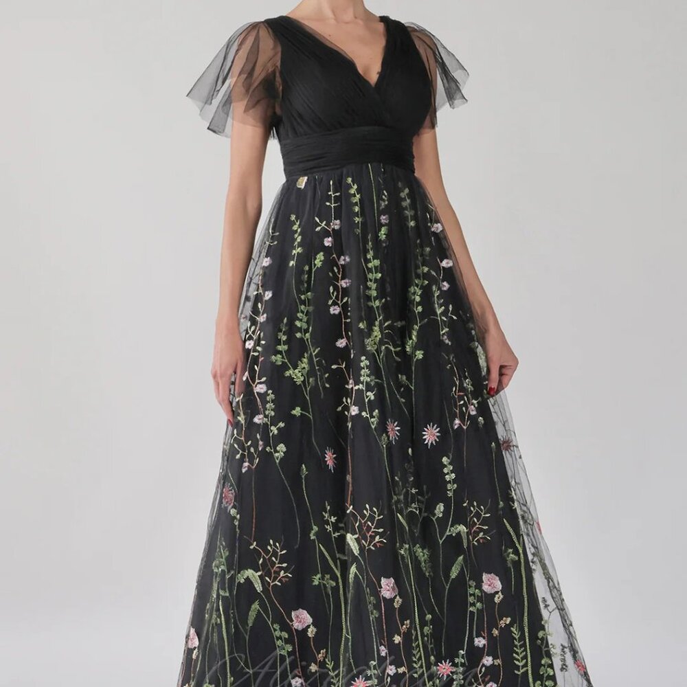 V-Neck, A-Line, Full Length, Floral Applique mother of the bride dress - tulle